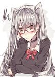  amatsukaze_(kantai_collection) bespectacled blush braid chin_rest choker commentary dress_shirt glasses grey_hair kantai_collection kvlen long_hair looking_at_viewer red-framed_eyewear shirt solo squiggle twin_braids upper_body yellow_eyes 