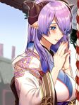  alternate_costume alternate_hairstyle blue_eyes blush breasts closed_mouth commentary_request draph fingers_together granblue_fantasy hair_over_one_eye horns japanese_clothes kimono large_breasts long_hair long_sleeves narmaya_(granblue_fantasy) nochita_shin obi pointy_ears praying purple_hair sash solo upper_body wide_sleeves 