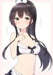  :o alternate_hairstyle black_hair blush bow bow_bra bra breasts cleavage green_eyes hair_between_eyes hair_ribbon hand_on_own_chest lingerie long_hair maid_bikini medium_breasts navel nekoume ponytail ribbon sidelocks solo tatsumi_kon underwear urara_meirochou very_long_hair 