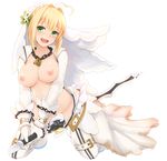  absurdres ahoge bangs blonde_hair breasts chain fate/extra fate/extra_ccc fate/grand_order fate_(series) full_body gloves green_eyes hakutakuanta head_wreath heart_ahoge highres jewelry kneeling medium_breasts necklace nero_claudius_(bride)_(fate) nero_claudius_(fate)_(all) nipples no_bra no_panties open_mouth padlocked_collar simple_background solo sword thighhighs veil weapon white_background 
