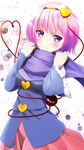  :&lt; bangs blouse blue_blouse blush closed_mouth commentary_request cowboy_shot eyeball frilled_sleeves frills hairband heart heart_of_string highres komeiji_satori long_sleeves looking_at_viewer pink_skirt purple_eyes purple_hair purple_scarf scarf short_hair skirt solo third_eye touhou wide_sleeves yuuforia 