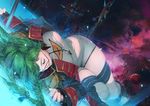  baraba_baba braid closed_eyes coat dutch_angle epaulettes eyelashes fomalhaut_(starly_girls) glasses glowing green_hair light_particles long_hair lying on_back on_side solo starly_girls thighhighs thighs twin_braids 