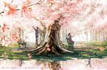  1girl bench black_hair blurry brown_hair cherry_blossoms commentary depth_of_field dog fusui grass hand_up light light_particles long_hair looking_up original park path reflection road scenery school_uniform short_hair signature sitting spring_(season) sunlight watermark 