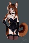  2016 adeloo anthro armpits breasts brown_hair cleavage clothed clothing corset elbow_gloves feline female fluffy fur gloves green_eyes grey_background hair hand_on_hip inner_ear_fluff legwear lingerie long_hair looking_at_viewer mammal panties simple_background slit_pupils smile solo stockings thigh_highs underwear wide_hips 