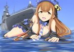  aoki_hagane_no_arpeggio bell black_dress blue_ribbon breasts brown_eyes brown_hair cleavage dress highres ise_(aoki_hagane_no_arpeggio) ise_(jmsdf) jingle_bell ju_(old505) large_breasts long_hair military military_vehicle necktie ocean off_shoulder open_mouth ribbon ship solo warship watercraft 
