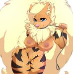  2014 anthro arcanine ayloulou blue_eyes breasts canine collar female fluffy fluffy_tail leash mammal nintendo nipples pok&eacute;mon smile solo video_games 