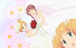  2girls :d :o arm artist_request bare_arms bare_shoulders blush bouquet breasts cleavage couple dress dutch_angle fantasy female floral_background flower hair_up imagining multiple_girls mutual_yuri neck official open_mouth red_rose rose roses sakura_trick short_hair smile sonoda_yuu strapless strapless_dress takayama_haruka wedding wedding_dress white_dress wife_and_wife yuri 