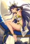  anklet arm_up armlet armpits ass bad_id bad_pixiv_id bare_shoulders barefoot black_hair breasts commentary_request crown earrings fate/grand_order fate_(series) hair_flip hair_ribbon heavenly_boat_maanna highres hoop_earrings ishtar_(fate/grand_order) jewelry long_hair long_legs looking_at_viewer medium_breasts navel red_eyes ribbon sideboob single_thighhigh sitting smile solo thighhighs tsukikanade two_side_up 