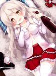  alcohol blush bottle breasts brown_eyes drunk gengetsu_chihiro grey_hair hair_between_eyes kantai_collection large_breasts long_hair looking_at_viewer open_clothes open_mouth open_shirt pola_(kantai_collection) shirt smile solo thighhighs wavy_hair white_legwear wine_bottle 