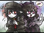  2girls :d annoyed black_hair black_hat black_jacket black_neckwear black_pants blazer checkered checkered_scarf checkered_skirt cowboy_shot dango flat_cap flying_sweatdrops food frilled_shirt_collar frills frown hair_between_eyes hat himekaidou_hatate index_finger_raised jacket letterboxed long_sleeves multiple_girls necktie open_mouth pants pink_eyes pink_shirt pointing pointy_ears purple_hat purple_scarf purple_skirt red_eyes red_neckwear scarf shameimaru_aya shirt skirt smile spoken_food squiggle suenari_(peace) tokin_hat touhou wagashi white_skin 