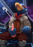  2018 anthro avian beak bird clothed clothing cum digital_media_(artwork) falco_lombardi feathers hi_res looking_pleasured male mumble1224 nintendo penis solo space star_fox video_games 