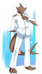  abstract_background anthro clothing fish kubikitsune looking_at_viewer male marine pose shark solo standing uniform white_clothes 
