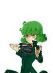  bangs breasts cellphone closed_mouth covered_navel dress expressionless floating green_dress green_eyes green_hair jitome levitation long_sleeves one-punch_man phone shiny shiny_hair short_hair simple_background skin_tight small_breasts smartphone smartphone_case solo tatsumaki tawawa_challenge telekinesis the_golden_smurf upper_body wavy_hair white_background 