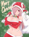  bell breast_hold breasts christmas cleavage crop_top elbow_gloves fur_trim gloves groin hair_over_one_eye hat holly hori_(hori_no_su) jingle_bell large_breasts long_hair looking_at_viewer merry_christmas midriff navel pink_eyes pink_hair red_gloves red_skirt sack santa_hat skirt snowflakes solo stitches tsuki_hagi_nightmare victor_(tsuki_hagi_nightmare) 