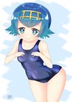  1girl arched_back artist_name bangs blue_eyes blue_hair blunt_bangs closed_mouth collarbone female hairband looking_at_viewer nintendo one-piece_swimsuit pokemon pokemon_(anime) pokemon_(game) shiny shiny_hair shiny_skin sleeveless smile solo standing suiren_(pokemon) swimsuit win_opz 