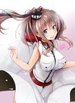  2016 akatsuki_hijiri bangs belt blouse blue_eyes breast_pocket breasts brown_hair commentary_request dated dress dress_lift eyebrows_visible_through_hair kantai_collection large_breasts long_hair looking_at_viewer neckerchief open_mouth pocket ponytail red_belt red_neckwear saratoga_(kantai_collection) side_ponytail smokestack solo twitter_username white_blouse white_dress wind wind_lift 