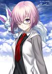  black_shirt breasts character_name cloud creature fate/grand_order fate_(series) fou_(fate/grand_order) glasses hair_over_one_eye hood hoodie jacket long_sleeves looking_at_viewer mash_kyrielight medium_breasts necktie on_shoulder open_clothes open_jacket pink_hair pocket purple_eyes red_neckwear sakiyamama shirt short_hair sky twitter_username upper_body white_collar white_jacket 