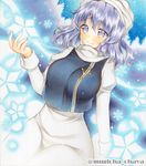  breasts crop_top dress head_scarf ice juliet_sleeves large_breasts lavender_eyes lavender_hair letty_whiterock long_sleeves mugicha_(mugicha0929) puffy_sleeves smile snowflakes solo touhou traditional_media twitter_username wavy_hair white_dress 
