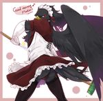  anthro avian beak bird black_feathers border butt english_text feathered_wings feathers holding_object kubikitsune looking_at_viewer looking_back maid_costume outside_border simple_background solo standing tail_feathers text wings 