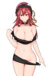  black_shirt blush breasts chain collar colored_pubic_hair eyebrows_visible_through_hair hecatia_lapislazuli kuroba_rapid large_breasts looking_at_viewer navel neck_ruff nipple_slip nipples no_bra no_panties polos_crown pubic_hair pubic_hair_peek red_eyes red_hair seductive_smile shirt shirt_pull simple_background skirt skirt_pull smile solo t-shirt touhou undressing white_background 