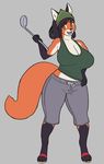  anthro big_breasts black_hair breasts brown_eyes canine cleavage clothed clothing female footwear fox fur grey_background hair hand_on_hip headscarf huge_breasts ladle lilirulu mammal mature_female open_mouth orange_fur sandals simple_background smile solo 