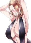  1girl armpits blonde_hair blush breasts cleavage dress earrings female hair_over_one_eyes hand_behind_head highres huge_breasts long_hair ogura_anko red_eyes simple_background solo standing upper_body white_background 