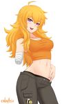  ahoge amputee artist_name bandages bee blonde_hair blush bow breasts bug cargo_pants cowboy_shot cslucaris eyebrows_visible_through_hair groin hair_bow insect large_breasts long_hair naughty_face navel orange_tank_top pants purple_eyes rwby solo tank_top wavy_mouth white_background yang_xiao_long 