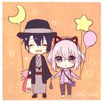  :&lt; ^_^ animal_ears bag balloon blue_hair cat_ears chibi closed_eyes crescent fake_animal_ears haori hat holding holding_balloon honebami_toushirou japanese_clothes kimono male_focus mikazuki_munechika multiple_boys nishiki_koi open_mouth purple_eyes smile star touken_ranbu white_hair 