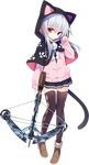  animal_hood black_legwear black_skirt bow_(weapon) brown_footwear cat_hood cat_tail crossbow full_body hood jacket kidou_senshachiha_tan_x light_blue_hair looking_at_viewer official_art paw_pose pocket shoes skirt solo standing tail thighhighs transparent_background weapon 