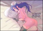  ass bed_sheet black_border black_gloves black_legwear border copyright_name dakimakura_(object) gloves hair_over_one_eye headgear hori_(hori_no_su) logo long_hair looking_at_viewer looking_back nurse off_shoulder pillow pillow_hug purple_hair red_eyes scalpel solo stitches syringe thighhighs tsuki_hagi_nightmare victor_(tsuki_hagi_nightmare) 