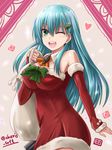  ;d aqua_hair ascot breasts carrying christmas_tree_hair_ornament cleavage detached_sleeves dress green_eyes hair_ornament haura_akitoshi kantai_collection large_breasts long_hair looking_at_viewer one_eye_closed open_mouth red_dress sack smile solo suzuya_(kantai_collection) 