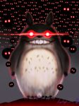  black_background blood bloody_teeth dark_persona evil_grin evil_smile full_body glowing glowing_eyes gradient gradient_background grin horror_(theme) kiyokazu looking_at_viewer no_humans o_o red_eyes signature smile standing susuwatari teeth tonari_no_totoro totoro whiskers 