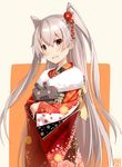  absurdres alternate_costume amatsukaze_(kantai_collection) blush brown_eyes crossed_arms eyebrows_visible_through_hair floral_print flower fur_trim hair_between_eyes hair_flower hair_ornament highres japanese_clothes kantai_collection kimono long_hair long_sleeves looking_at_viewer open_mouth orange_background outside_border red_kimono rensouhou-kun robot solo takanashi_kei_(hitsujikan) two_side_up very_long_hair white_background wide_sleeves 