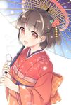  bird breath commentary_request floral_print flower hair_flower hair_ornament highres japanese_clothes kimono looking_at_viewer looking_up mugicha_(mugicha0929) obi open_mouth oriental_umbrella original red_kimono sash snowing solo umbrella 