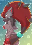  allannocte anthro bedroom_eyes blush breasts butt canine claws female fox fur hair half-closed_eyes looking_at_viewer mammal nintendo pok&eacute;mon seductive sharp_teeth simple_background smile solo teeth video_games zoroark 