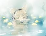  bangs bathing blush brown_eyes brown_hair bubble bubble_blowing commentary_request earmuffs leg_hug makuwauri nude onsen partially_submerged pointy_hair solo steam touhou toyosatomimi_no_miko 