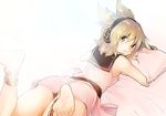  anklet armpits bangs barefoot blush brown_eyes brown_hair closed_mouth commentary_request dress earmuffs feet from_behind jewelry looking_at_viewer looking_back lying makuwauri on_stomach pillow pillow_hug pink_dress pointy_hair sleeveless sleeveless_dress solo sunlight touhou toyosatomimi_no_miko 