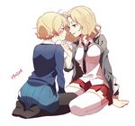  black_legwear black_neckwear blonde_hair blush darjeeling eye_contact finger_to_chin girls_und_panzer kay_(girls_und_panzer) long_hair looking_at_another multiple_girls necktie pantyhose raised_eyebrows saunders_school_uniform seiza short_hair sitting sketch soramame_(corndog) st._gloriana's_school_uniform thighhighs thighs wariza white_background white_legwear yuri 