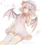  2016 alternate_costume bat_wings blue_hair dated dress frills hat hat_ribbon looking_at_viewer mob_cap mugicha_(mugicha0929) open_mouth red_ribbon remilia_scarlet ribbon short_dress short_hair short_sleeves solo sparkle thighhighs thighs touhou twitter_username wings 