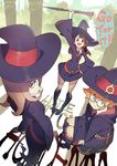  :d arms_up bangs black_ribbon blunt_bangs boots brown_hair collared_shirt copyright_name glasses green_eyes half-closed_eyes hat holding holding_staff kagari_atsuko little_witch_academia long_hair long_sleeves looking_at_viewer lotte_jansson multiple_girls neck_ribbon open_mouth outdoors red_eyes ribbon ryota-h semi-rimless_eyewear shirt short_hair sitting smile staff standing sucy_manbavaran wide_sleeves witch_hat 