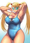  bad_anatomy blonde_hair bracelet breasts cleavage covered_navel covered_nipples domino_mask green_eyes heart highres jewelry large_breasts long_hair mask muscle muscular_female parted_lips rainbow_mika sideboob signal-green solo street_fighter swimsuit thick_thighs thighs twintails very_long_hair 