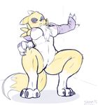  2015 3_toes 4_fingers anthro black_sclera blush breasts crouching digimon edit female fur nude pussy renamon simple_background skoon solo toes 