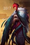  2017 bad_id bad_pixiv_id bird_legs bird_tail brown_background chinese_zodiac cross crossed_legs egasumi eyelashes eyeliner feathered_wings from_side full_body japanese_clothes makeup monster_girl nengajou new_year original parted_lips profile red_hair red_lips senda_satoru sitting solo winged_arms wings year_of_the_rooster 