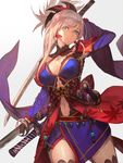  arm_behind_head arm_up blue_eyes breasts fate/grand_order fate_(series) head_tilt highres japanese_clothes katana lack light_smile long_hair looking_at_viewer medium_breasts miyamoto_musashi_(fate/grand_order) navel pink_hair smile solo sword thighs weapon 