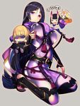  blonde_hair blush bodysuit breasts chibi fate/apocrypha fate/grand_order fate_(series) fingerless_gloves gloves horns ibaraki_douji_(fate/grand_order) japanese_clothes large_breasts long_hair minamoto_no_raikou_(fate/grand_order) multiple_girls oni oni_horns open_mouth open_toe_shoes purple_eyes purple_hair sakata_kintoki_(fate/grand_order) shoes short_hair shuten_douji_(fate/grand_order) side_ponytail sunglasses tetsubuta very_long_hair 
