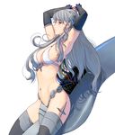  android armpits arms_up blue_eyes breasts cable cleavage closed_mouth cowboy_shot detached_sleeves expressionless from_side grey_hair grey_legwear groin headgear highres long_hair masao medium_breasts navel original profile sideboob sidelocks solo stomach thighhighs white_background white_bikini_top 
