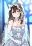  bare_shoulders black_hair blue_eyes blurry blush breasts bridal_veil bride depth_of_field dress elbow_gloves fukahire_(ruinon) gloves idolmaster idolmaster_cinderella_girls jewelry large_breasts long_hair necklace parted_lips sagisawa_fumika solo stained_glass veil wedding_dress white_gloves 
