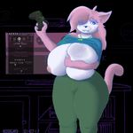  &lt;3 &lt;3_eyes 2017 :3 aeris_(vg_cats) anthro big_breasts big_butt biting_lip breast_expansion breast_grab breasts butt bxulnooxgard cat clothed clothing controller fangs feline female fur game_controller hair hair_over_eye hand_on_breast huge_breasts hyper hyper_breasts inflation looking_at_viewer mammal nipples pants pink_fur shirt skull solo television thick_thighs triforce vg_cats video_games voluptuous wide_hips xbox_one 