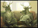  anthro antlers cervine clothed clothing elfantastico female group hooves horn male mammal plantigrade sex topless 