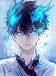  ao_no_exorcist black_hair blouse blue_eyes blue_fire fire flame frown glowing glowing_eyes looking_at_viewer male_focus matsunaka_hiro necktie okumura_rin pointy_ears solo water wet 